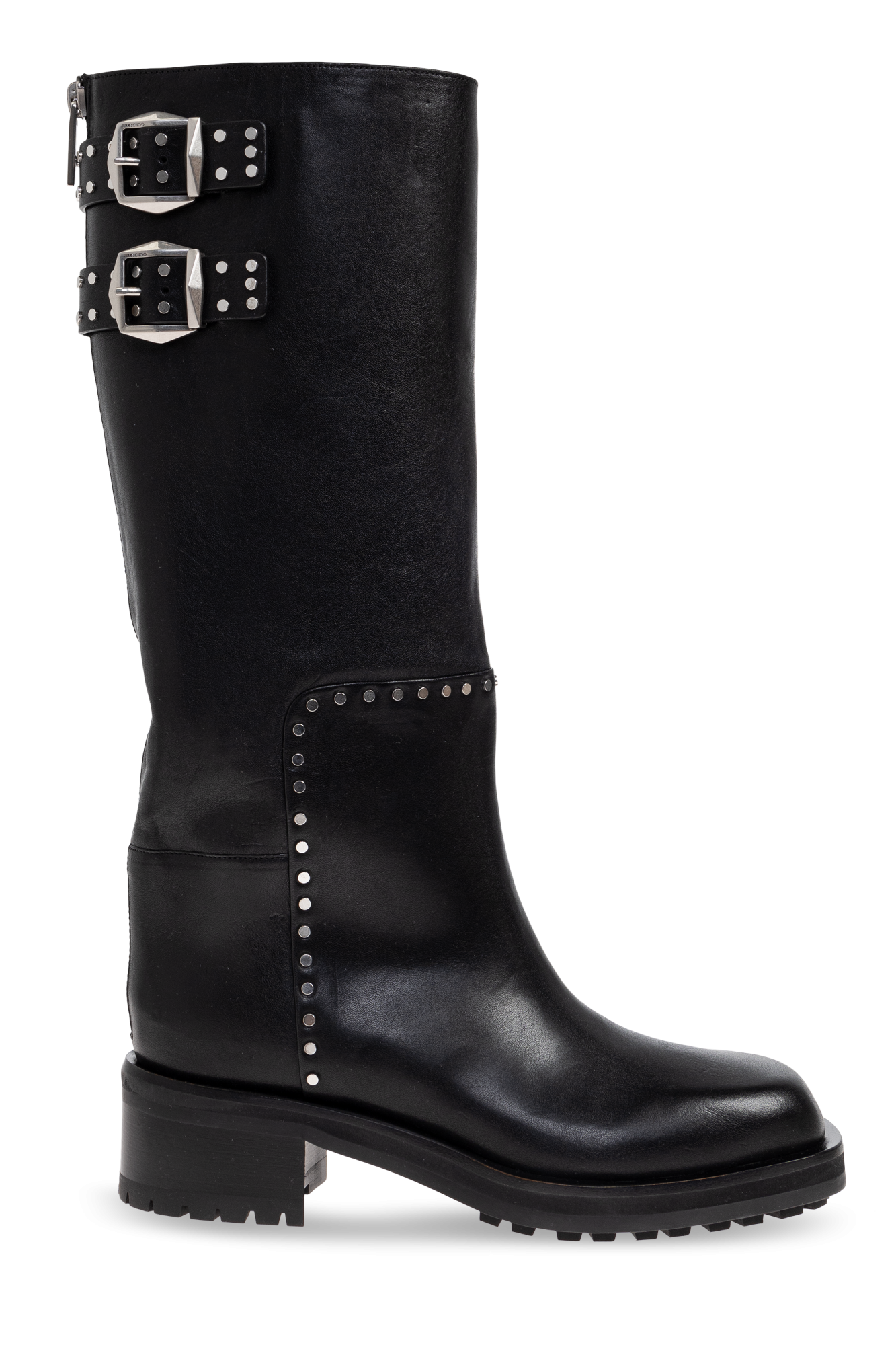 Jimmy Choo ロングブーツ ロゴ金具 黒 ポインテッドトゥ 37.5 ALIZZE KB 85 | Black Smooth Leather Knee-High Boots | Autumn